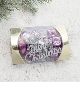Detailed Christmas tree ornament set with purple heart and Merry Christmas sign in a gift box