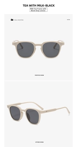Front and 45-degree side views of retro beige square sunglasses with dark grey lenses