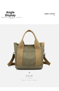 Detailed close-up of thick army green canvas tote with khaki handles and adjustable strap