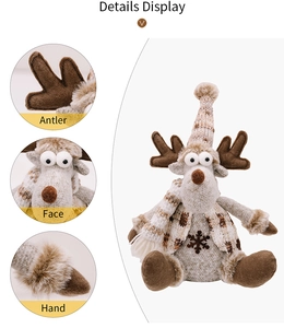 Detailed close-up of knit fabric and faux fur textures on a sitting Christmas reindeer doll