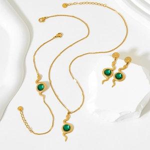 14K gold plated stainless steel snake jewelry set with green stones for women