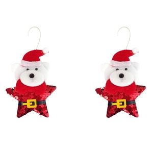 Detail of plush Christmas bear pendants with red sequins and star shapes for tree decor
