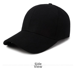 Side view of black baseball cap with high-density twill cotton texture and curved brim