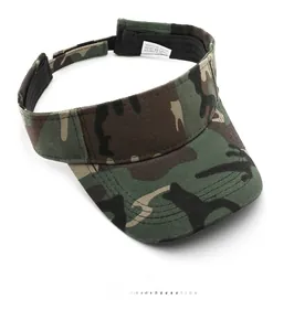 Top view detail of camouflage sun visor hat with moisture-wicking inner band and care label