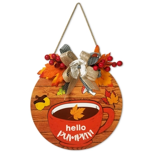 Hello Pumpkin wooden door sign with red mug, burlap bow and autumn maple leaves decor