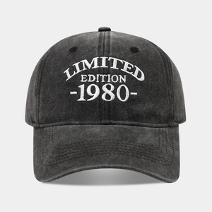 Washed dark gray baseball cap with white Limited Edition 1980 embroidery text