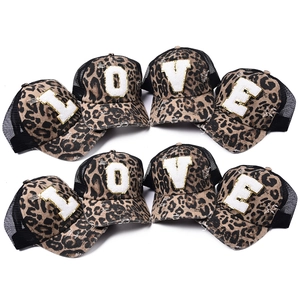 Set of leopard print trucker hats with embroidered LOVE letters and mesh back