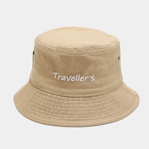 Close-up of khaki cotton bucket hat featuring white Traveller's embroidery and air vents