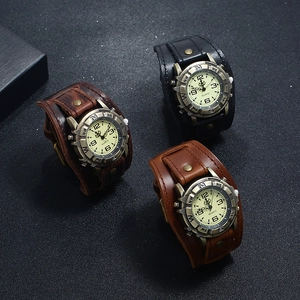 Retro punk genuine leather quartz watches set in black, dark brown, and light brown colors