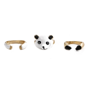 Set di tre anelli a forma di panda con smalto bianco e nero e finitura dorata