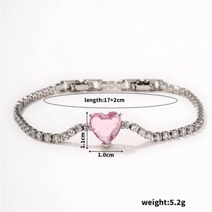 Detail view of pink heart zircon bracelet with silver chain and measurement specs