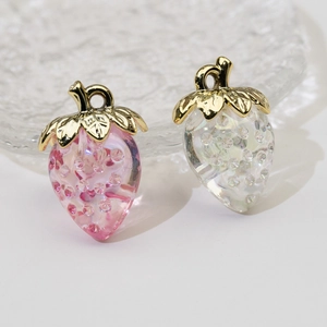 Transparent strawberry charms with gold metal leaves for DIY jewelry making and keychains
