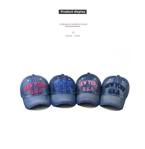 Detailed comparison of washed denim baseball caps with vintage 3D New York embroidery