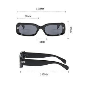 Technical dimensions of black rectangular sunglasses with 143mm width and 152mm temple length