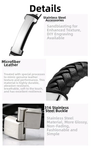 Detail view of 316 stainless steel clasp and braided leather texture on men's bracelet