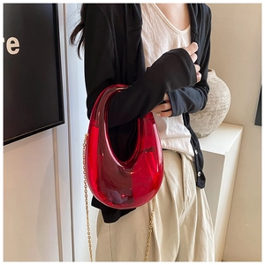 Fashionable red transparent acrylic clutch box bag with detachable gold chain strap detail
