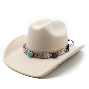 Beige wool felt western cowboy hat with ethnic woven band and turquoise accents