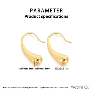Polished gold teardrop earrings in stainless steel with 28x8mm size specifications