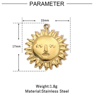 Detailed parameter view of a 15mm golden stainless steel sun face pendant charm