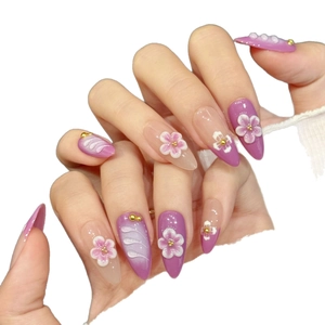 Handmade pink and purple 3D floral press-on nails with elegant cherry blossom design