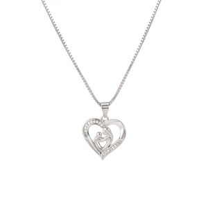 Silver heart necklace with mother and child pendant and crystal stones on a box chain