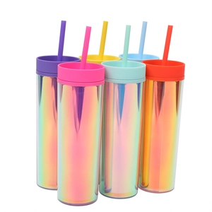 Set of six 16oz iridescent double-wall plastic tumblers with colorful lids and straws
