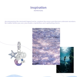 Macro view of S925 silver mermaid charm with gradient purple tail, starfish and white pearl