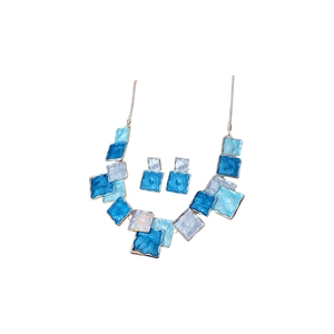 Blue and white square enamel jewelry set with artistic geometric necklace and earrings