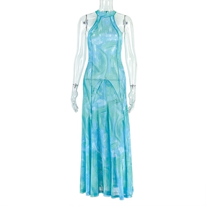 Detail of elegant mesh sleeveless maxi dress with blue-green abstract marble print texture