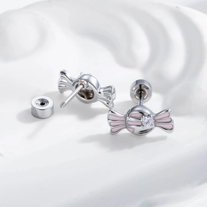 Pink enamel candy stud earrings in silver metal with small diamond and screw back design