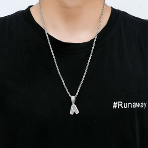 Hip hop silver letter A pendant necklace with pavé cubic zirconia and rope chain