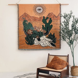 Bohemian woven tapestry with sun and cactus pattern for wall decor or picnic use