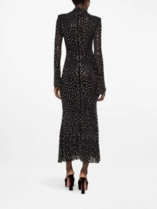 Full back view of black long sleeve dress with silver sequins and mesh detail