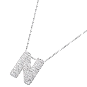 Macro detail of silver letter N pendant necklace with micro-paved white cubic zirconia
