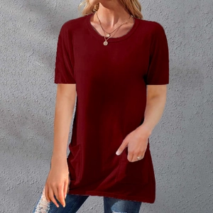 Close-up of wine red crew neck T-shirt featuring functional side pockets and soft knit fabric