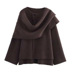 Detail of dark brown multi-layered knit short jacket with asymmetrical scarf neck design