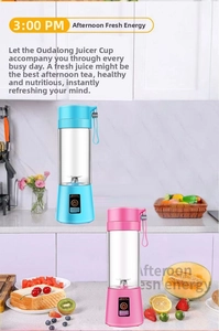 Portable electric juicer cup in blue and pink colors with lanyard and power button