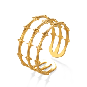 18K gold plated stainless steel triple layer open ring with elegant bamboo-style texture