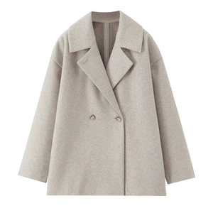Elegant oatmeal wool blend mid-length coat with notched lapels and double-breasted buttons