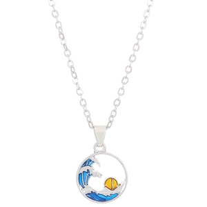 Blue ocean wave and golden sun pendant necklace on a polished silver chain
