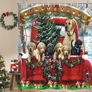 Christmas shower curtain detail with red truck, Labradors, and Merry X-mas text