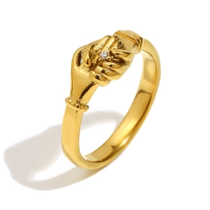 Bague poignée de main pour femme en acier inoxydable doré 18K avec zircone cubique