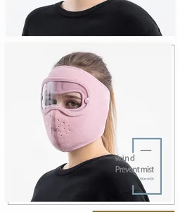 Detail of pink fleece winter face mask with detachable fog-proof goggles and breathing vents