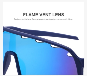Macro detail of flame-shaped ventilation holes on blue cycling sports sunglasses