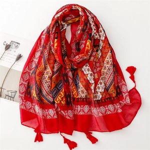 Vintage Rote Ethnische Böhmische Schal Damen Polyester Voile Leicht Sonnenschutz Schultertuch Mit Quasten Geometrisch