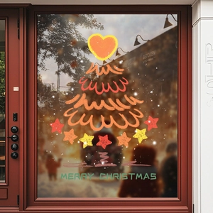 Hand-painted Christmas tree window sticker with Merry Christmas text and hearts