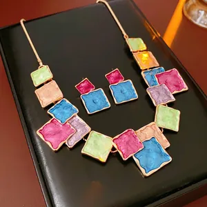 Fashion Colorful Geometric Square Enamel Necklace And Earrings For Women Alloy Oil Drop Pendant Bohemian Style