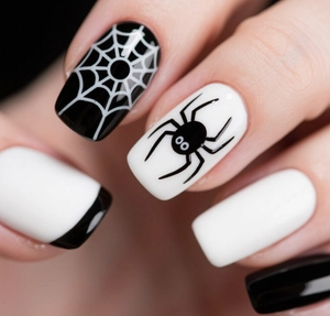 Detail of Halloween square press-on nails with black and white spider web designs