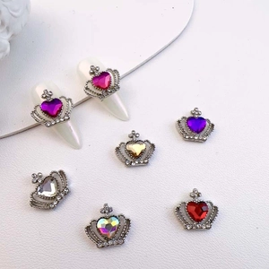 Sparkling crown nail charms with colorful heart crystals and silver metal rhinestones