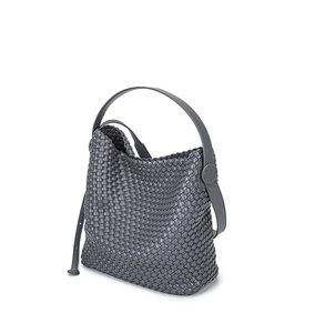 Detailed view of dark grey woven PU leather bucket bag with textured square weave pattern